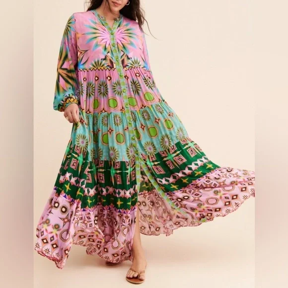 Siddhartha Bansal x Anthropologie Mixed Print Button Front Maxi Dress Size S - Picture 3 of 15